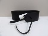 black leather belt with a tag attached to it on a white surface