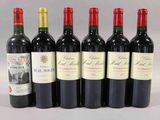 six bouteilles de vin rouge sont alignées