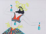 dessin représentant une femme vêtue d'une robe colorée et tenant un éventail