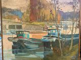 une peinture de bateaux sur l'eau dans un port