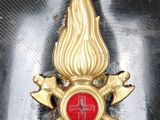 a close up of a fireman ' s helmet on display