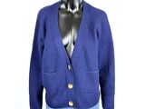 blue knitted cardigan sweater with buttons and buttons on chest