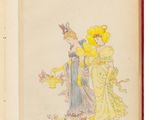 an open book with a drawing of two women in dresses