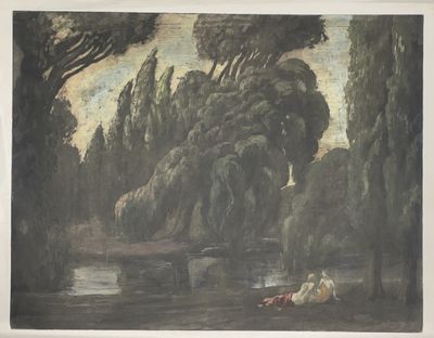 une photo d'un tableau représentant une rivière et des arbres