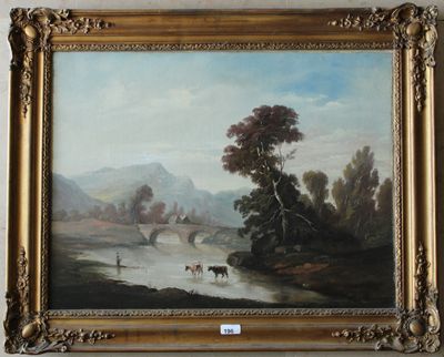 tableau représentant une scène fluviale où des bovins traversent un pont au bord d'une rivière
