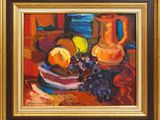 peinture d'une nature morte de fruits et d'un pichet sur une table