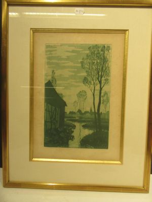 painting of a farm scene with a stream and trees in a gold frame