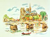 une peinture représentant un bateau sur une rivière, avec une église en arrière-plan
