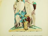an open book with a drawing of a woman and two men