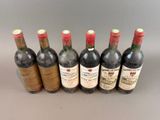 six bottles of wine lined up in a row on a table