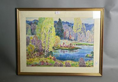 painting of a landscape with a river and trees in a gold frame