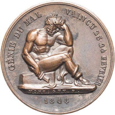 une image représentant une médaille de bronze sur laquelle figure un homme assis sur un banc