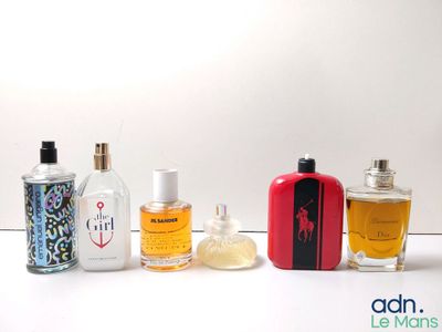 plusieurs types différents de flacons de parfum alignés sur une surface blanche