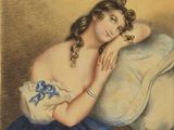 tableau représentant une femme en robe bleue allongée sur un oreiller