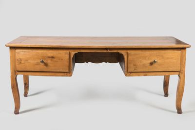an old wooden desk with two drawers and a drawer underneath it