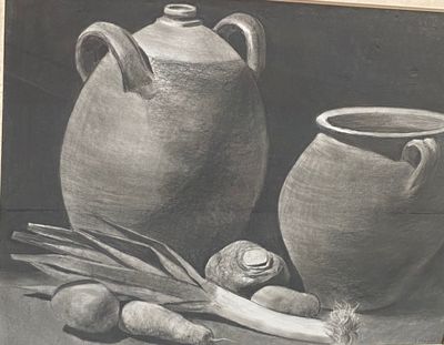drawing of a still life of a vase, onion, and radishes