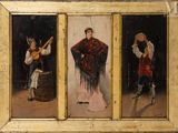 trois tableaux représentant un homme et une femme jouant d'un instrument dans une pièce
