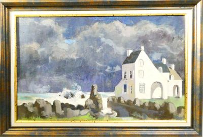 an oil painting of a white house on a beach with a blue sky in the background