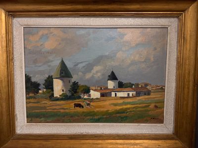 une peinture à l'huile représentant une scène de vie à la ferme avec des vaches qui paissent dans un champ