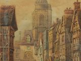 a painting of a street with buildings and a clock tower in the background