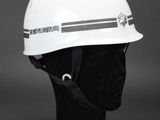 the helmet is white and has a black stripe on it