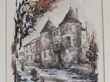 a picture of a painting of a castle in the snow