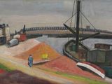 un tableau représentant un bateau sur l'eau, avec un pont en arrière-plan