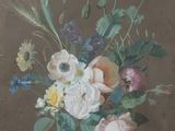 a painting of flowers in a vase on a table