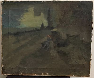 un tableau représentant un homme et un chien dans un champ
