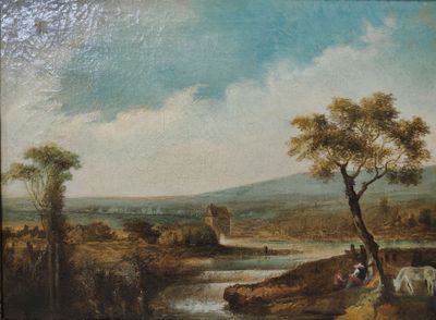 une peinture représentant une peinture représentant un paysage avec une rivière