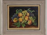 painting of a still life of fruit on a table with leaves