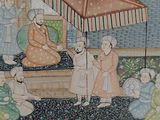 a picture of a painting of people in a garden