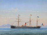 painting of a ship in the ocean with a mountain in the background