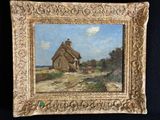 une peinture à l'huile représentant une maison au toit de chaume sur fond noir