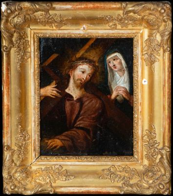 a painting of a man holding a cross next to a woman
