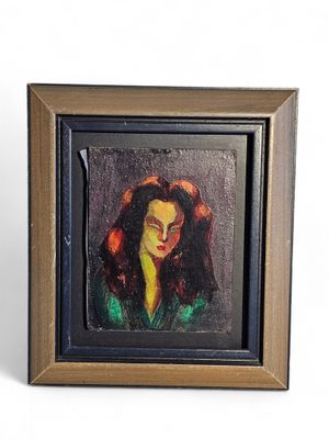 painting of a woman in a green dress in a wooden frame on a white background