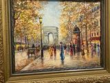 tableau représentant une scène de rue avec des passants marchant sous la pluie