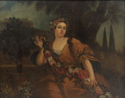 tableau représentant une femme en robe marron tenant un bouquet de fleurs