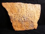 a stone slab with writing on it sitting on a black surface