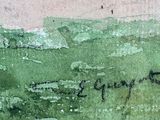 an image of a painting of a green field with a red barn in the background