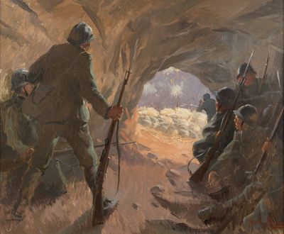 an oil painting of a man holding a rifle in front of a group of soldiers