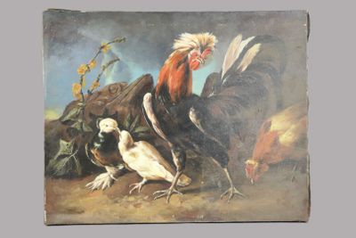 a painting of a rooster and other birds in a field
