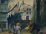 un tableau représentant des personnes marchant dans une rue d'une ville