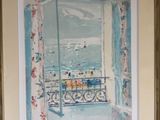 a picture of a painting of a balcony with a view of the ocean