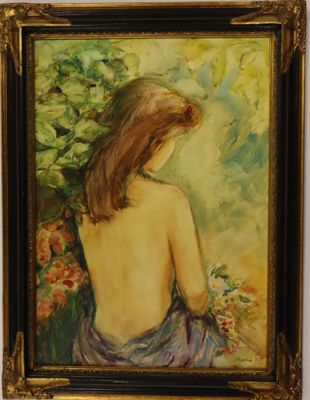 une peinture à l'huile représentant une femme assise sur une chaise avec un bouquet de fleurs