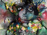 a painting of a woman holding a bouquet of flowers