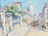 peinture d'une scène de rue avec une église en arrière-plan