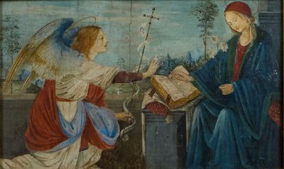 une image représentant un tableau où figurent un ange et une femme tenant un livre