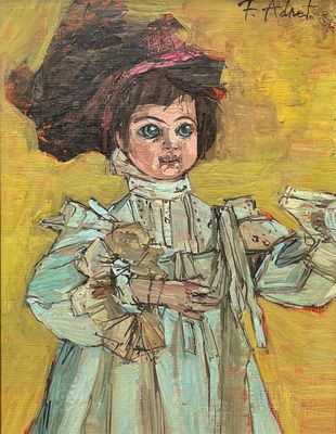 une peinture à l'huile représentant une petite fille vêtue d'une robe bleue et d'un chapeau rose