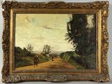 an image of a painting of a man riding a horse down a dirt road